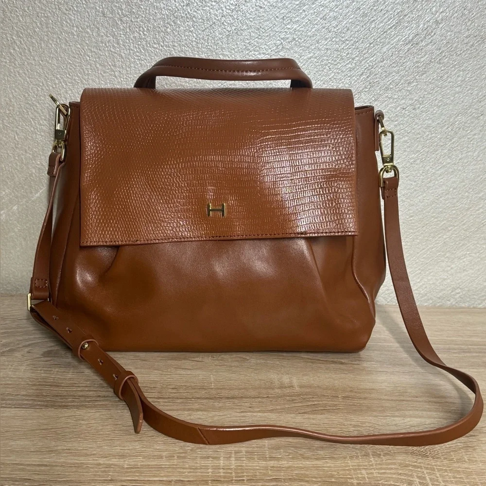 H by Halston Smooth Brown Leather Purse Satchel Snack Embossed Crossbody Bag